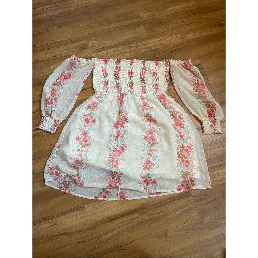 En Creme Womens Small Long Sleeve Sheer Pink Floral Off Shoulder Mini Dress